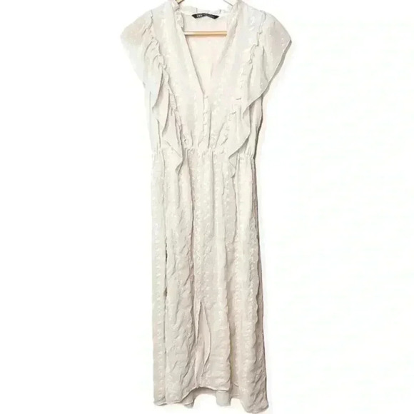 Zara‎ White Embroidered Dotted Mesh Midi Dress - Picture 1 of 6